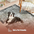 9' x 12' Washable Area Rug - Low Pile Soft Vintage Indoor Rug for Living, Dining or Bedroom - Lightweight Carpet with Non-Slip Backing - Foldable for Easy Placement, Blackish