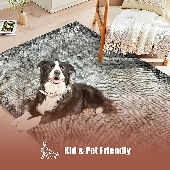 5' x 7' Washable Area Rug - Low Pile Soft Vintage Indoor Rug for Living, Dining or Bedroom - Lightweight Carpet with Non-Slip Backing - Foldable for Easy Placement, Blackish