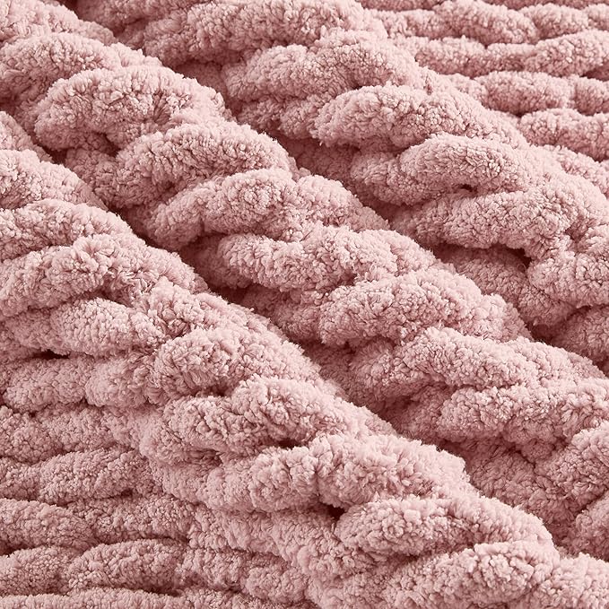 Carriediosa Chunky Knit Throw Blanket 50" X 60", 100% Hand Made Large Chenille Loop Yarn Soft Fluffy Throws for Couch Sofa Bed, Big Crochet Cozy Heavy Thick Cable Woven Blankets, Dusty Pink
