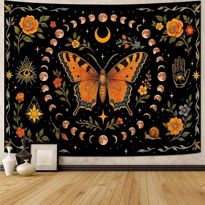 Lunerfex Moon Phase Butterfly Floral Wall Tapestry, Celestial Botanical Tapestries for Room Decor, Mystical Tapestry 60x44 Inch
