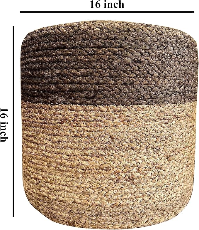 Jute Pouf Ottoman | Footrest Pouf | Hand Braided - Round Boho Pouffe - for Living Room, Bedroom, Nursery (16"x16"x16") Grey