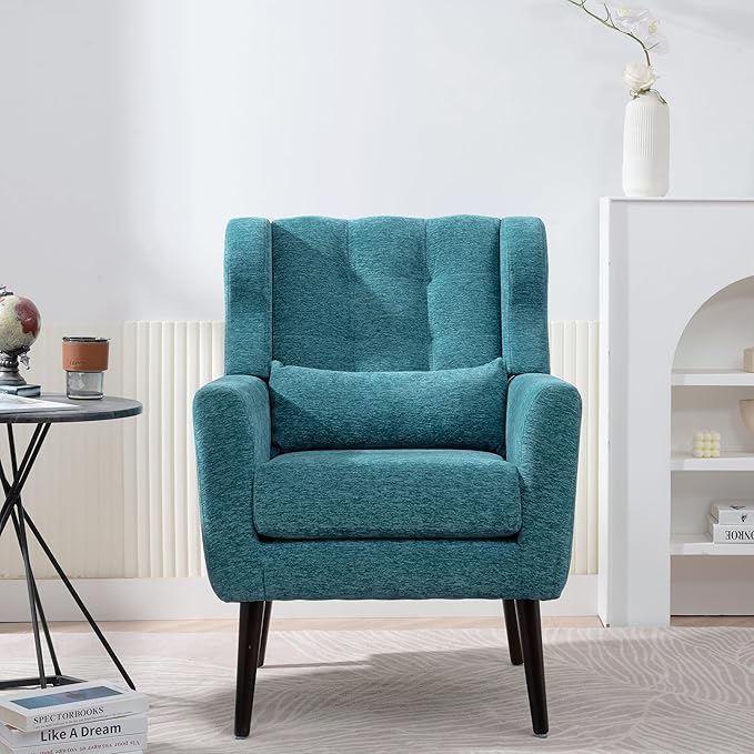 Accent Chair, Comfy Upholstered Living Room Chairs with High Tufted Backrest and Pillow, Wingback Reading Chair with Solid Wood Legs for Bedroom/Office, Chenille Fabric, Teal