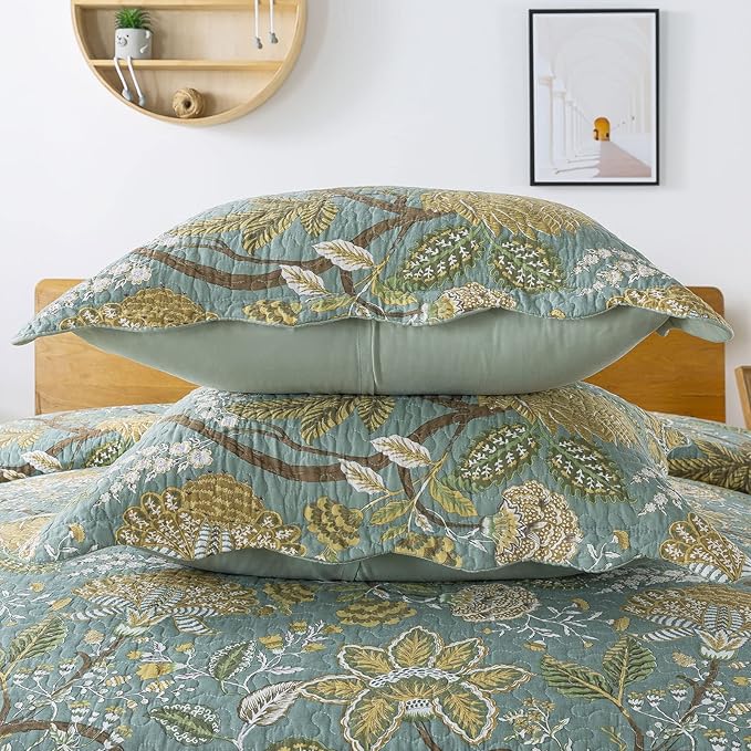Travan 3-Piece Quilt Set Quilted Bedspread Cotton Coverlet Set Floral Printed Oversized Quilted Bedding Set with Shams for All Season, Green Vine, Queen Size