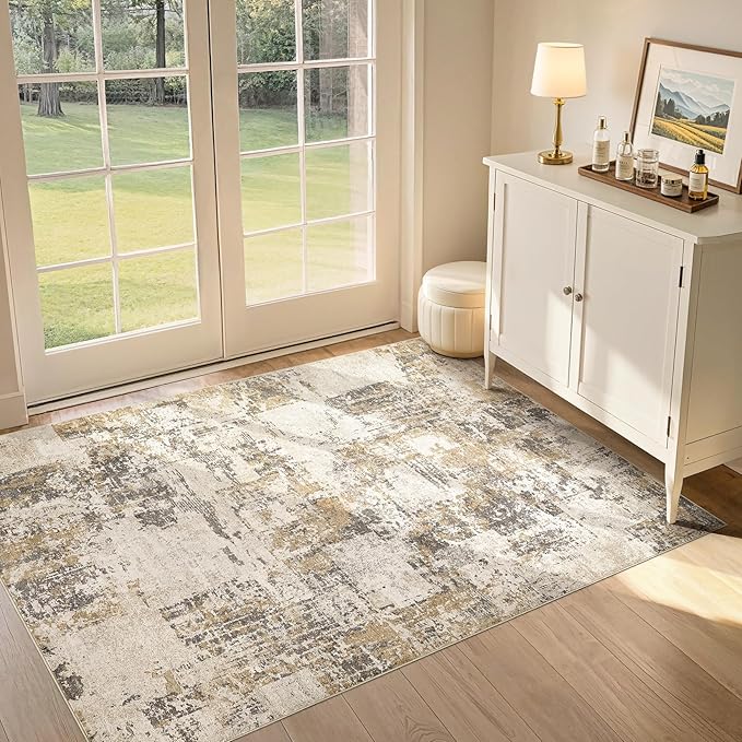 Tortania Washable 3x5 Area Rug - Modern Abstract Neutral Rugs Indoor Soft Thin Mat Non Slip Carpet for Entrance Front Door Living Room Bedroom Home Floor Decoration - Beige/Brown/Gray