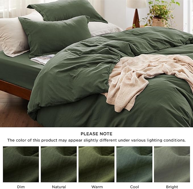 Bedsure California King Size Duvet Cover with Fitted Sheet - 4 Pieces Prewashed Cotton-Like Extra Soft Bedding Set, Includes 1 Duvet Cover 104x98 Inches, 2 Pillow Shams, 1 Fitted Sheet, Olive Green