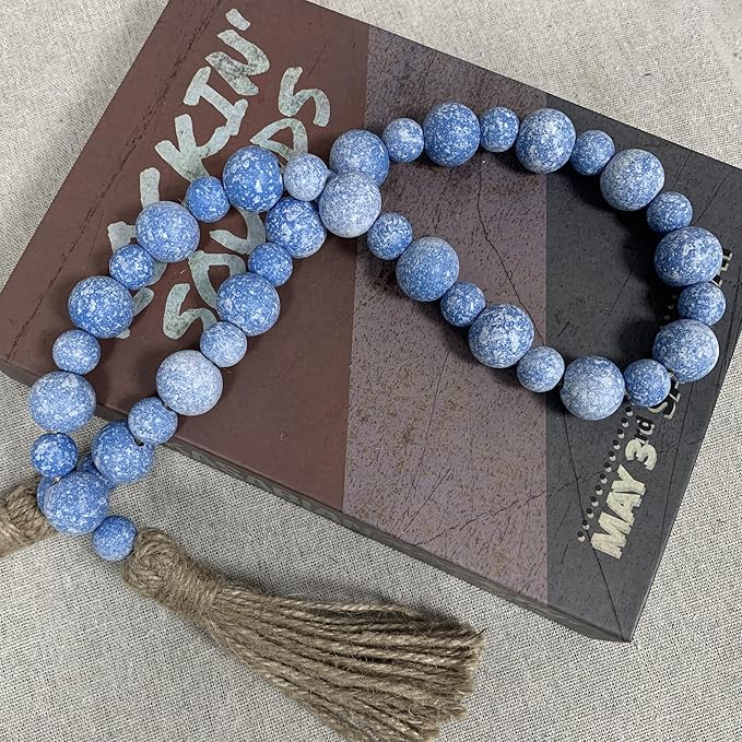 Handcrafted Farmhouse Wooden Decorative Beads Garland, Table Tray Boho Wood Beads with Tassel, Small Rustic Antique Decor for Home and Events (32" Rustic Light Blue)