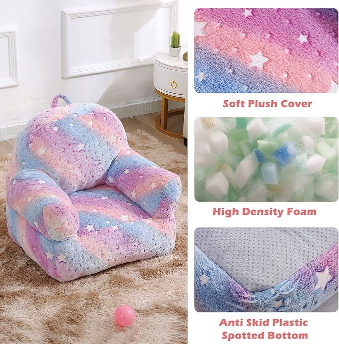Toddler Chair, Glow in The Dark Kids Sofa Bean Bag Chair for Kids Children Couch Toddler Mini Sofa Armchair for Children, Lightweight Children Sofa Chairs (Rainbow Pink)