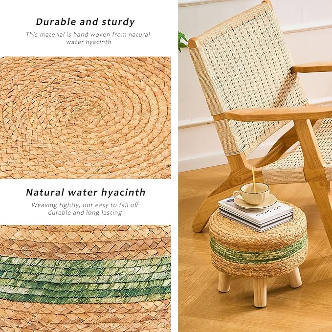 Handwoven Round Ottoman, Natural Water Hyacinth Outdoor Patio Pouf Seagrass Low Stool with Wood Legs, Soft Padded Footrest for Living Room Bedroom Garden, Green