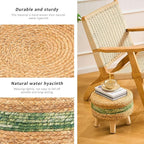 Handwoven Round Ottoman, Natural Water Hyacinth Outdoor Patio Pouf Seagrass Low Stool with Wood Legs, Soft Padded Footrest for Living Room Bedroom Garden, Green