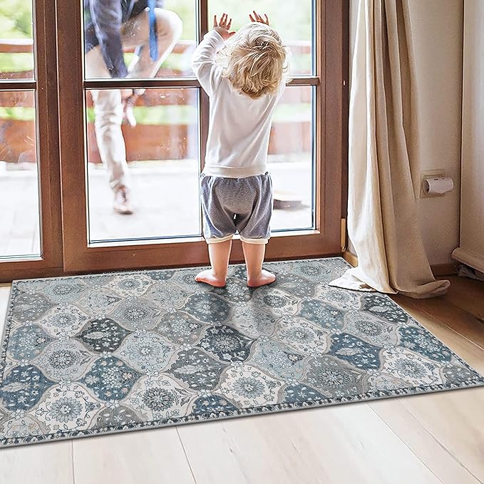 Lahome Moroccan Trellis Front Door Mat Indoor Entrance, 2x3 Rugs for Entryway Non-Slip Washable Indoor Door Mat, Oriental Accent Small Rug for Kitchen Bedroom Bathroom, Blue