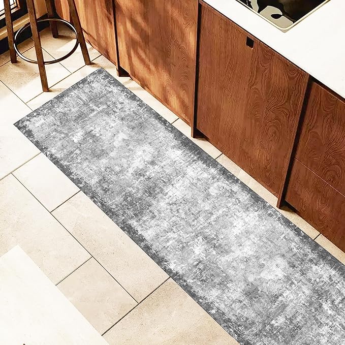 2'6'' x 8' Washable Area Rug - Low Pile Soft Vintage Indoor Rug for Living, Dining or Bedroom - Lightweight Carpet with Non-Slip Backing - Foldable for Easy Placement, Grey