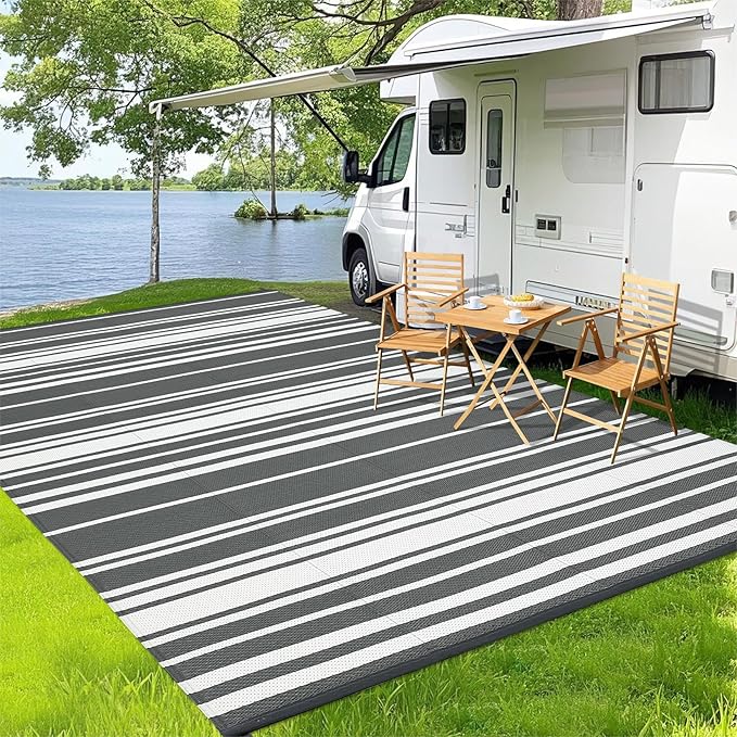 Outdoor Patio Rug 9x12 Stain-Resistant Reversible Camping Mat, Modern Striped Outdoor Plastic Straw Rug, Waterproof Outside Carpet, Easy to Clean for RV, Porch, Deck, Balcony, Grey