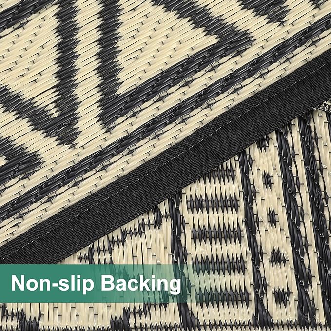 GAOMON Outdoor Rug 9'x12' Waterproof Rug for Patio Decor, Foldable Reversible Plastic Straw Area Rugs Mat for Camper, Outside Carpet for Deck, Porch, Picnic, Beach, Black/Coffee(Bohemia)