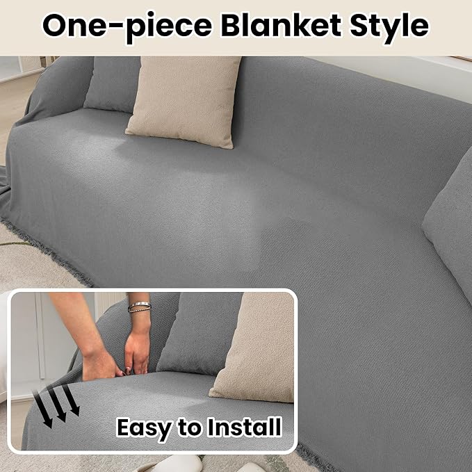 Couch Cover with Tassel for Armchair Washable Stain-Resistant, Pet-Friendly Sofa Cover Thick Soft Chenille Protector Sofa Slipcover for Dogs & Kids, Grey 71"x 71"