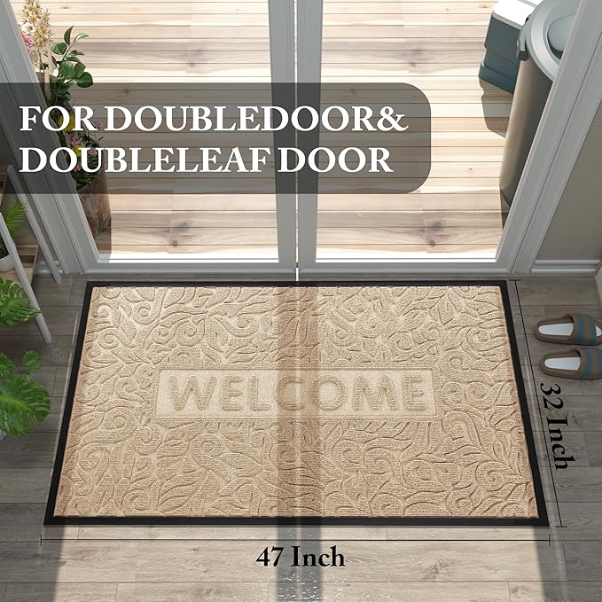 Yimobra Door Mat Indoor Outdoor Entrance, Non Slip Welcome Front Doormats, Heavy Duty Rubber Backing, Stain and Fade Resistant, Low Profile, Easy Clean Patio Garage Floor Mats, 47 x 32, Beige