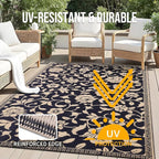 OLANLY Waterproof Outdoor Rug 5x8 ft, Outdoor Plastic Straw Rug with Flower Pattern, Reversible RV Mat for Patio, Camping, Balcony, Deck, Backyard, Black & Beige