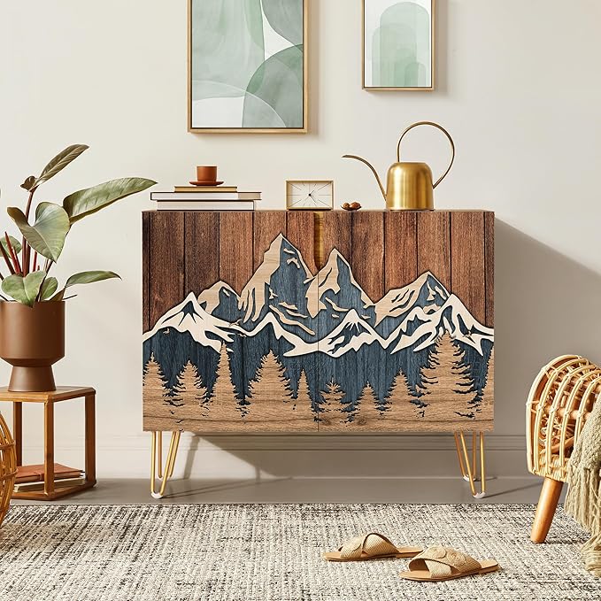 SIGNWIN Sideboard Buffet Cabinet, Kitchen Storage Cabinet with 2 Doors, Countryside Wood Panel Mountain Forest, Cupboard Console Table for Dining Room - 35" L x 18" W x 29" H