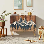 SIGNWIN Sideboard Buffet Cabinet, Kitchen Storage Cabinet with 2 Doors, Countryside Wood Panel Mountain Forest, Cupboard Console Table for Dining Room - 35" L x 18" W x 29" H