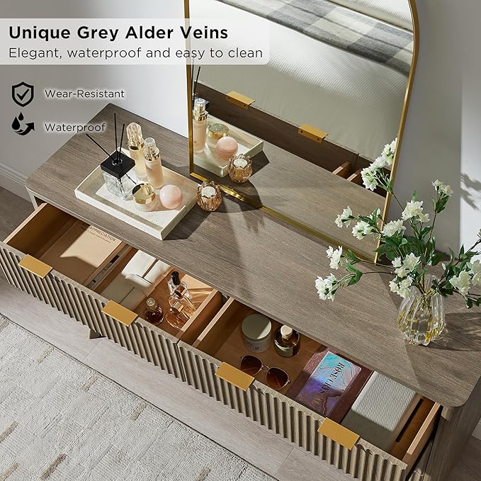 T4TREAM Fluted 6 Drawers Dresser, 54" Wide Modern Chest of Drawers, Curved Profile Design, Dresser TV Stand, Wood Drawer Organizer for Bedroom, Living Room, Hallway, Grey Alder