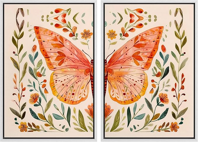 SIGNFORD Framed Canvas Print Wall Art Set Whimsical Butterfly and Florals Colorful Nature Illustration Modern Art Decorative Nordic Nature for Living Room, Bedroom, Office - 24"x36"x2 White