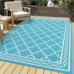 GAOMON Outdoor Plastic Straw Rug, 10'x14' Reversible Sage Green Patio Mat, Flower Modern Design for RV, Backyard, Deck, Camping, Picnic, Teal/White(Geometric)