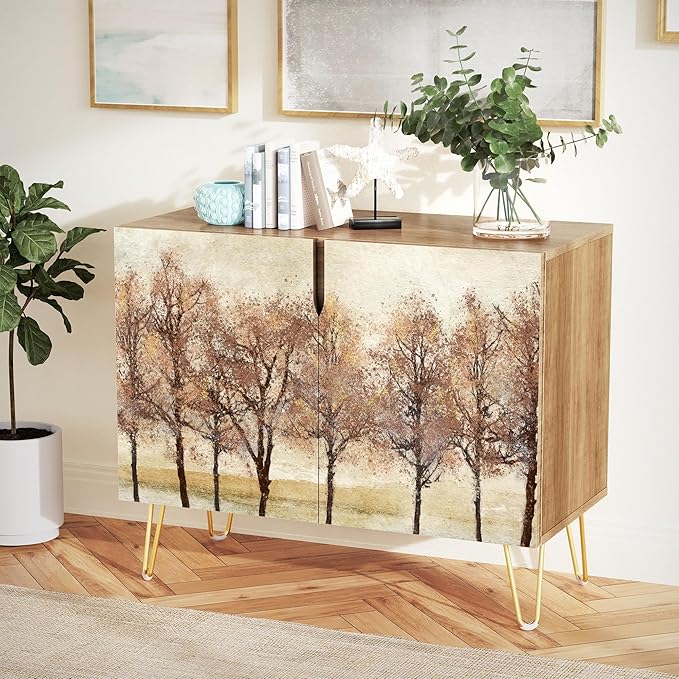 SIGNWIN Sideboard Buffet Cabinet, Kitchen Storage Cabinet with 2 Doors, Autumn Pastel Watercolor Forest Trees, Cupboard Console Table for Dining Room - 35" L x 18" W x 29" H