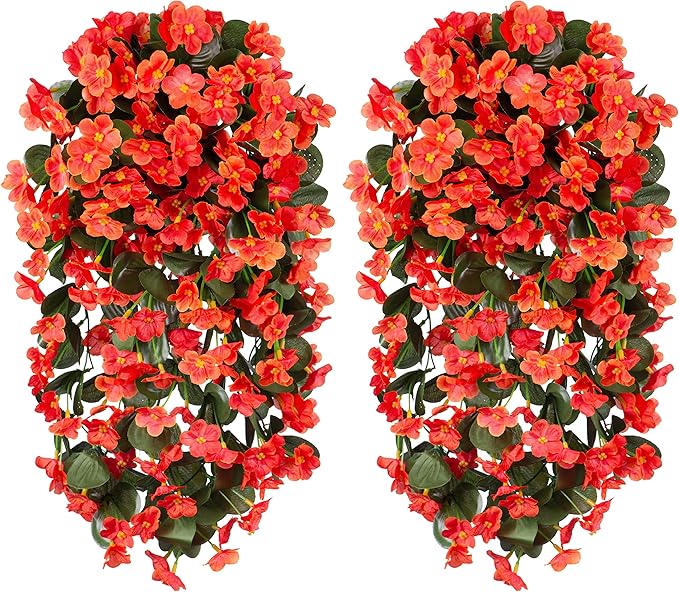 Artificial Fake Fall Hanging Flowers Plants for Outdoor Outside, 2PCS Faux Silk Orange Daisy Mums Trailing Vines UV Resistant Realistic Orchid for Autumn Front Door Porch Planter Patio Garden