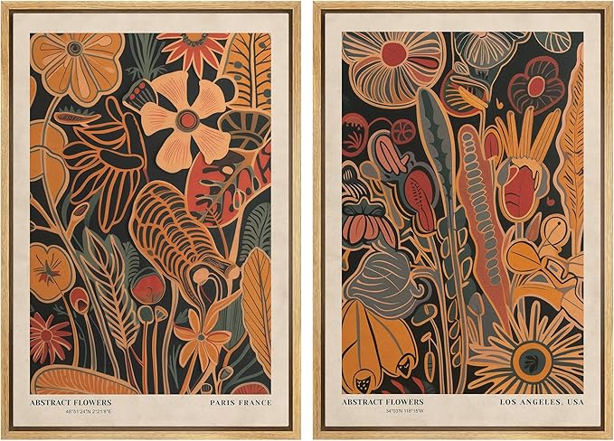 SIGNFORD Framed Canvas Print Wall Art Set Abstract Blossoms Vibrant Floral Illustration Modern Art Decorative Nordic Nature for Living Room, Bedroom, Office - 24"x36"x2 Natural