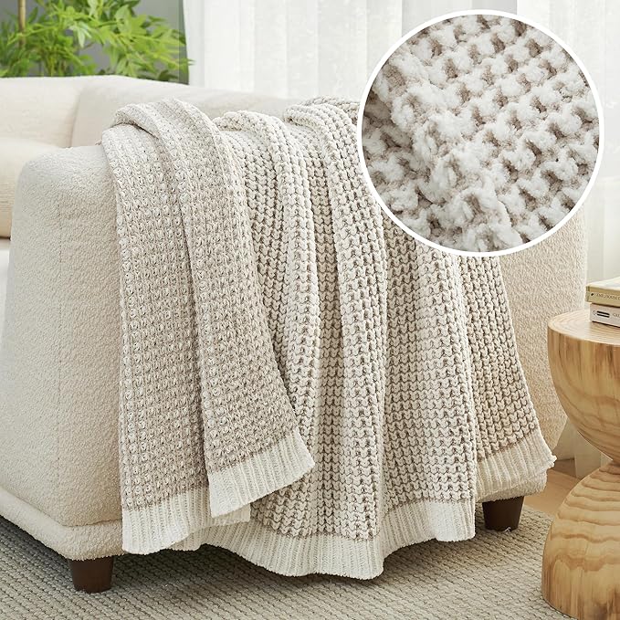Amélie Home Chenille Waffle Throw Blanket for Couch, Reversible Pineapple Stitch Knit Soft Cozy Knit Blanket Lightweight Warm Decorative Throw for Sofa, Bed, Living Room, 50"x60", Beige&Ivory