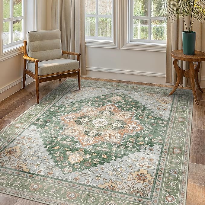 GENIMO 8x10 Area Rugs for Living Room, Machine Washable Non Slip Vintage Rugs, Low Pile Lightweight Chenille Print Rug for Bedroom, Dining Room, Home Office, Sage Green