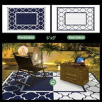 GENIMO 6' x 9' Outdoor Rug Waterproof for Patio Decor, Foldable Reversible Plastic Straw Area Rugs Mat with String Light, Led Carpet for Camper, Rv, Deck, Porch, Picnic, Beach, Balcony, Blue & White
