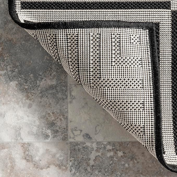 nuLOOM 9'6" x 12' Outdoor Area Rug, Casual Design With Striped Border, Stain Resistant, Highly Durable, For Patio, Balcony, Bedroom, Living Room, Dining Room, Bathroom, Black