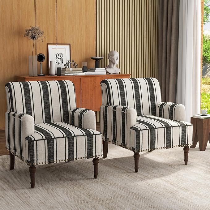 UIXE Stripe Accent Chairs Set of 2, Living Room Arm Chair Modern Nailhead Trim Club Armchair, Comfy Upholstered Sofa Lounge Seat Reading Seat Bedroom Side Seating for Home Office, Black