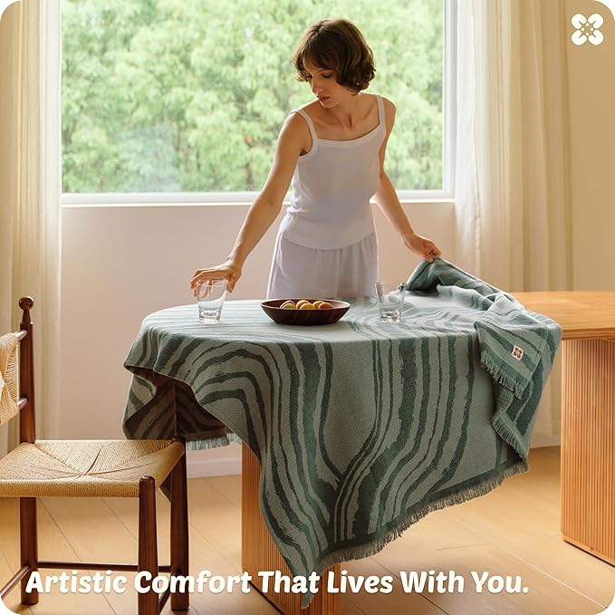 Bedsure 100% Cotton Throw Blanket for Couch - Chenille Woven Textured Blanket Gifts for Women, Cozy and Soft for All Seasons, Home Decor Boho Throw for Bed, Sofa, Aqua Gray, 50x60 Inches