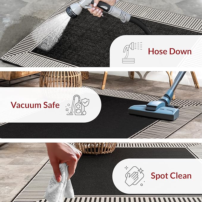 nuLOOM 4' x 6' Outdoor Area Rug, Casual Design With Striped Border, Stain Resistant, Highly Durable, For Patio, Balcony, Bedroom, Living Room, Dining Room, Bathroom, Black