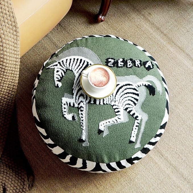 Pouf Ottoman Unstuffed Poufs Soft Touch Zebra Boho Footrest Floor Chair Storage for Living Room Bedroom Home Decor (Green, 20 x 20 x 8 Inches Round)