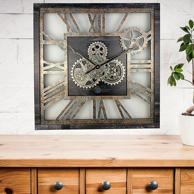The Gears Clock 24'' Inch Square Real Moving Gear Wall Clock Vintage Industrial Oversized Rustic Farmhouse (Vintage Black)