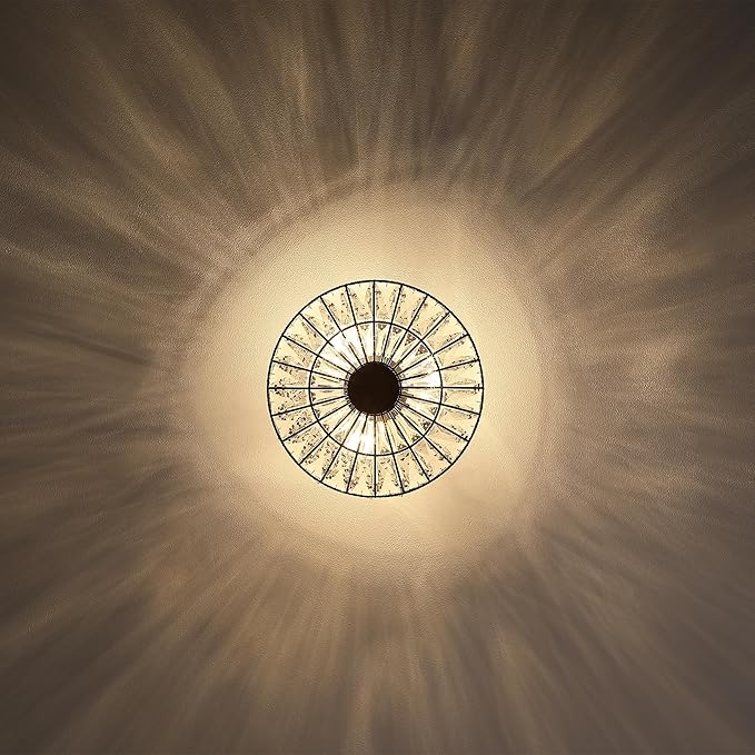 Modern Crystal Pendant Light Fixture Farmhouse Round Semi Flush Mount Ceiling Lights, Drum Shade 3LT Ceiling Lamp for Kitchen Island Dinning Room Bedroom, Hallway Black Finish