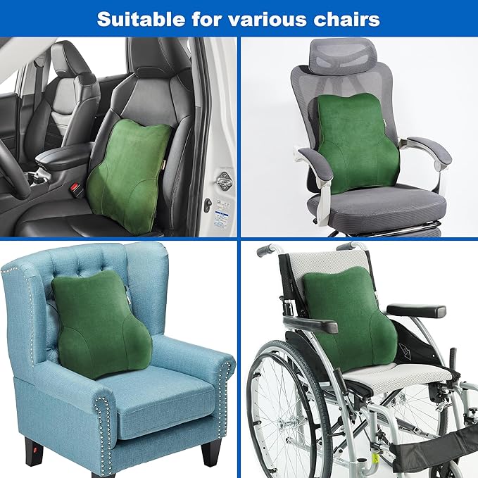 Soft Lumbar Support Pillow for Office Chair and Car Seat Back Support Pillow for Car Driver's Seat and Truck Driver's seat, Back Cushion for Pain Relief Improve Posture (Suede Cover-Green)