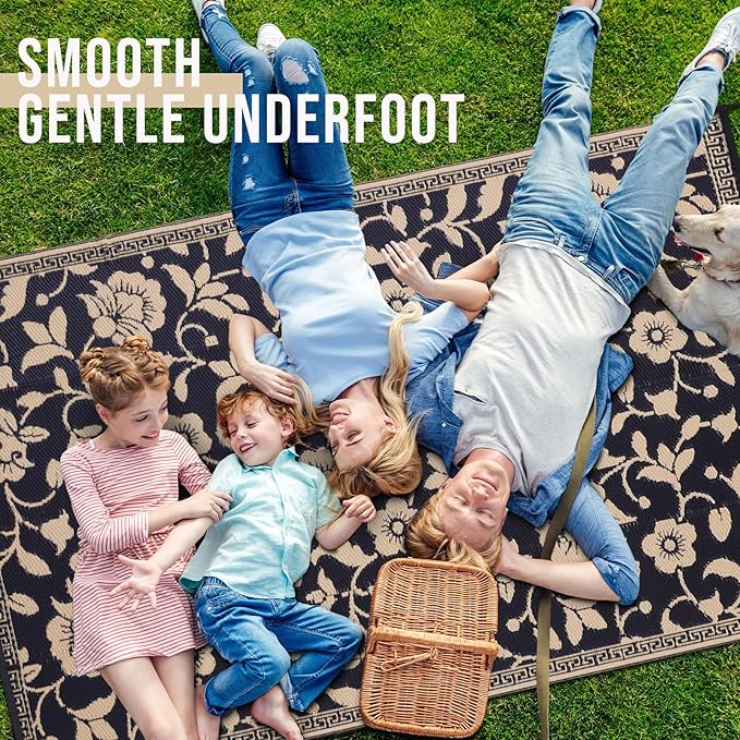 OLANLY Waterproof Outdoor Rug 8x10 ft, Outdoor Plastic Straw Rug with Flower Pattern, Reversible RV Mat for Patio, Camping, Balcony, Deck, Backyard, Black & Beige