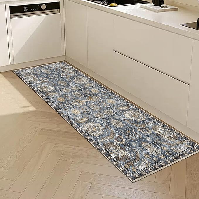 RUGSURE Washable Area Rugs - Perfect for Living Room, Bedroom, Kids Room, Nursery - Stain & Water Resistant Non-Slip, Pet & Child Friendly, Vintage Tribal Area Rugs (Navy, 2'6'' x 8')