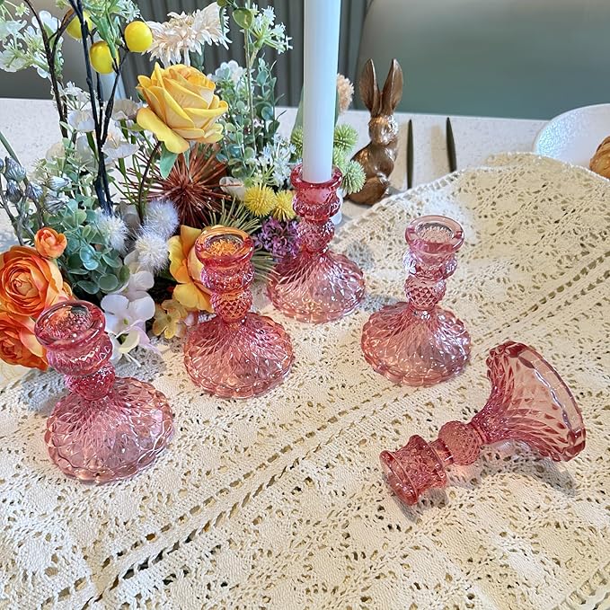 Glass Candlestick Holder,Striped Taper Candle Holders,Set of 6 Candle Stand for Table Centerpieces, Home Decor,Weddings,Festival and Parties (Peach Red Dimond)