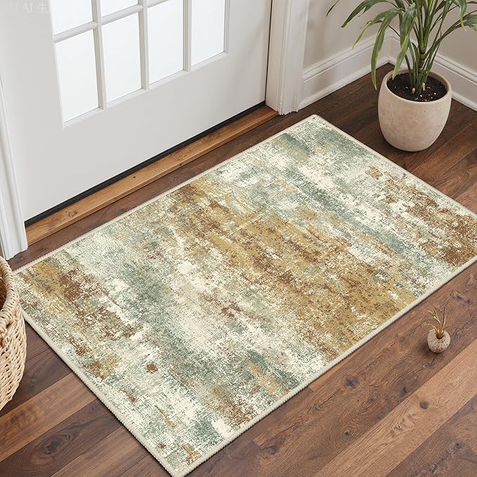 2x3 Rugs for Entryway Entrance Kitchen Bathroom, Machine Washable Modern Abstract Soft Area Rug, Low Pile Indoor Floor Carpet with Non Slip Backing, Orange Green