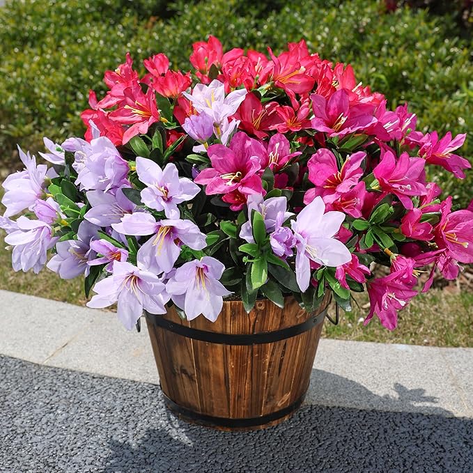 Artificial Flowers for Outdoors, 3 Bundles Fake Silk Azalea Bouquet Faux Flower Plants Outside Decor UV Resistant Realistic Colorful Fake Flowers for Planter Front Door Patio Garden Walkways Home, Mix