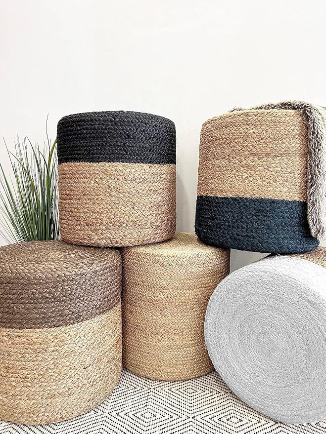 Jute Pouf Ottoman | Footrest Pouf | Hand Braided - Round Boho Pouffe - for Living Room, Bedroom, Nursery (16"x16"x16") Black