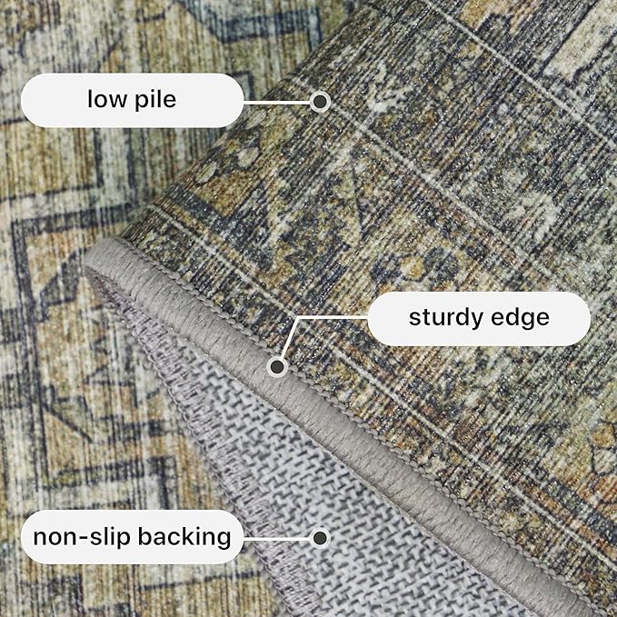 GENIMO 8x10 Area Rugs for Living Room, Machine Washable Non Slip Vintage Rugs, Low Pile Lightweight Chenille Print Rug for Bedroom, Dining Room, Home Office, Sage Teal