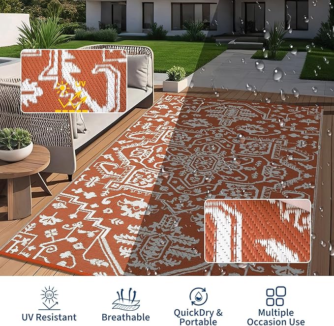 Outdoor Rug 9x12 Waterproof Reversible Plastic Straw Patio Rug, Stain-Resistant Vintage Medallion Carpet, Large Easy-Cleaning Indoor Outdoor RV Mat for Deck, Camping, Balcony, Terracotta Brick/White