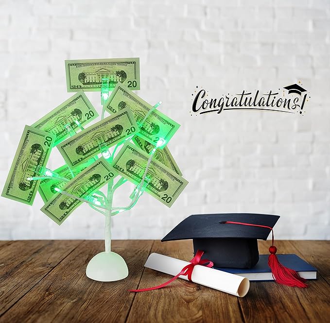 Money Tree Gift Card Holder Table Stand Creative Display with Green Lights and 10 Clips for Chirstmas, Graduation and Birthday