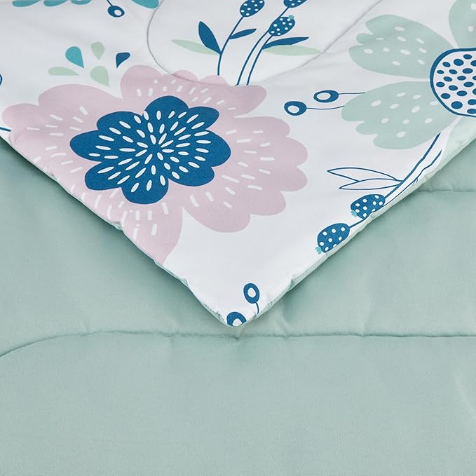 Amazon Basics Soft, Plush 3 Piece Microfiber Kid's Comforter and Pillow Sham Set, Full/Queen, Purple Flowers, Bluish Pink, Lightweight, Floral