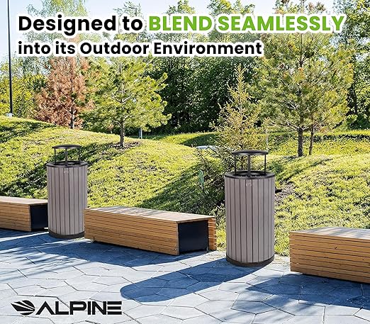 Alpine 32 Gallon Commercial Outdoor Trash Can - Heavy Duty Garbage Can Outdoor, Industrial Trash Can with Plastic Panels for Patio, Parks, Trails & Resorts (Rain Bonnet Lid - Grey)